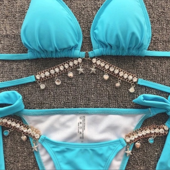 Baby Blue Crystal Rhinestone Halter Tie Bikini Set - Picture 5 of 7